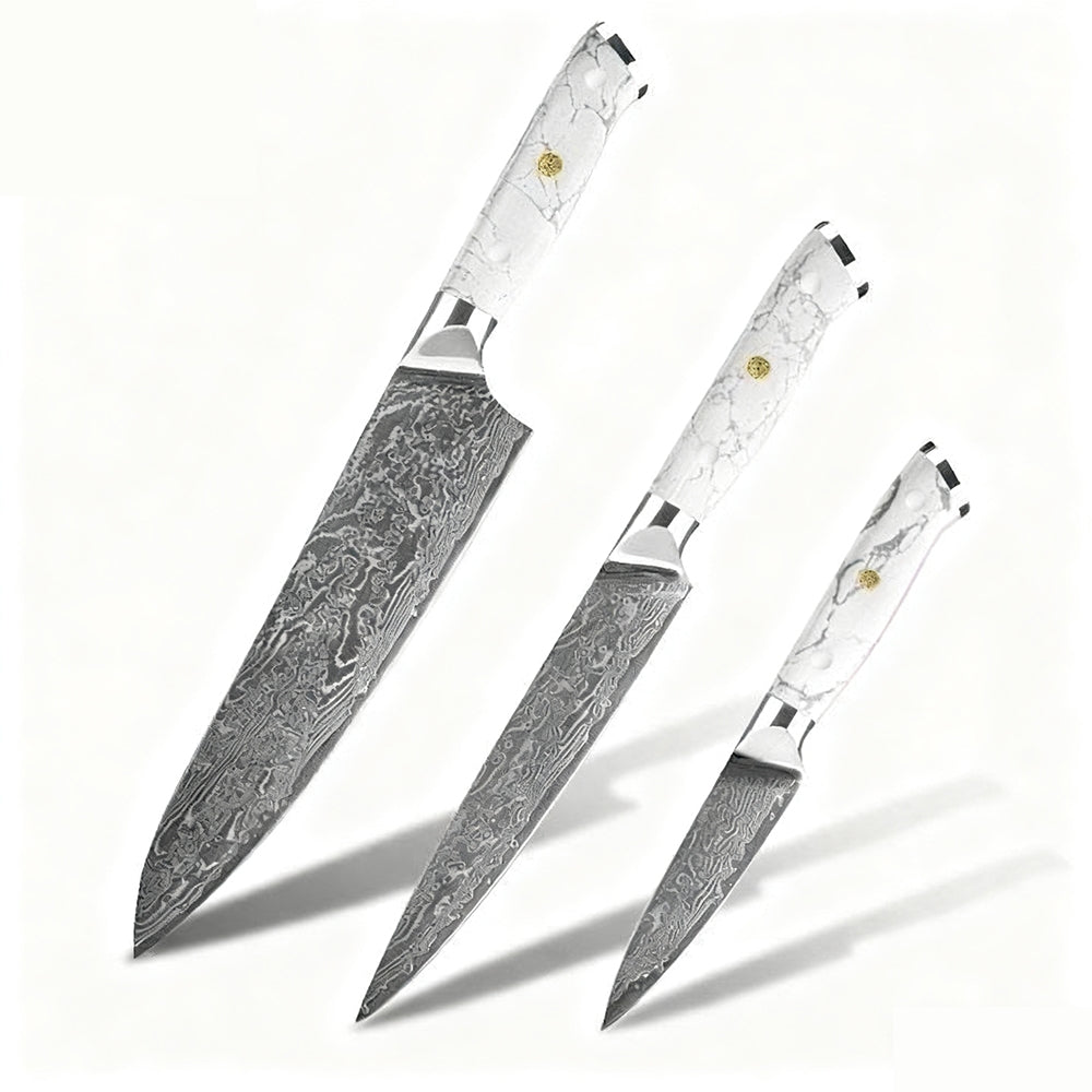 DAMASCUS CHEF SET – 3 Darabos – Kuro Edition – Fehér Gyanta Markolat
