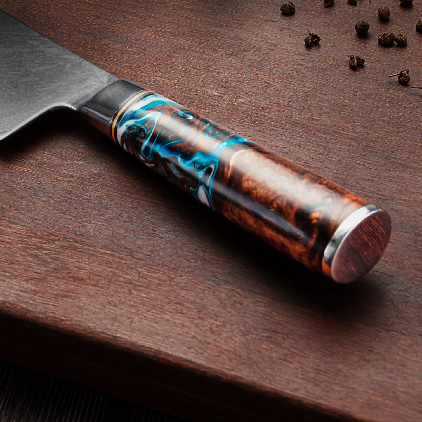 SZAKÁCSKÉS – Damascus VG10 SANTOKU – Blue & Brown Edition – Kompozit Juharfa Markolat