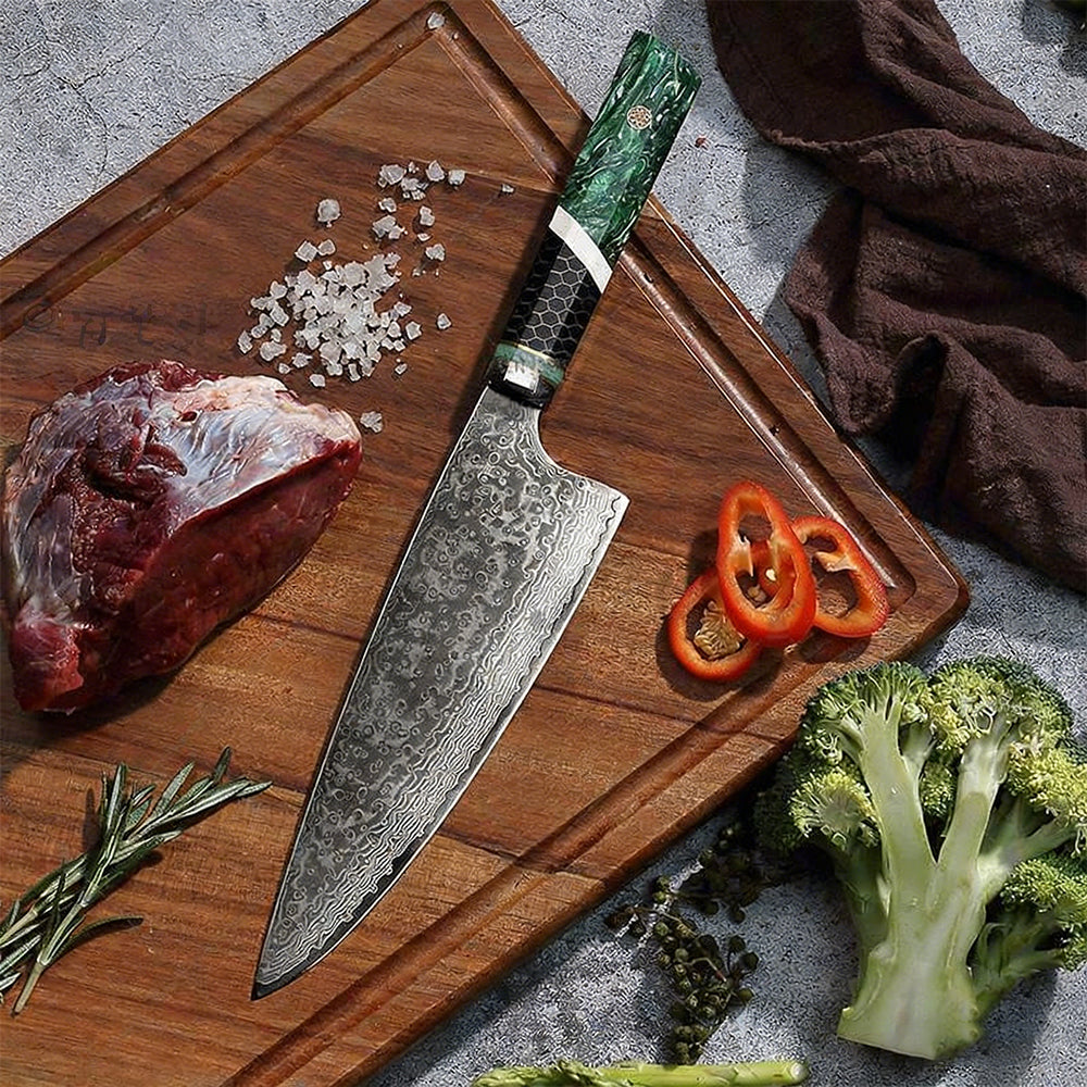 GYUTO – Damascus VG10 – Green Mesh Edition – Smaragdzöld Hálós Markolat - 200 mm