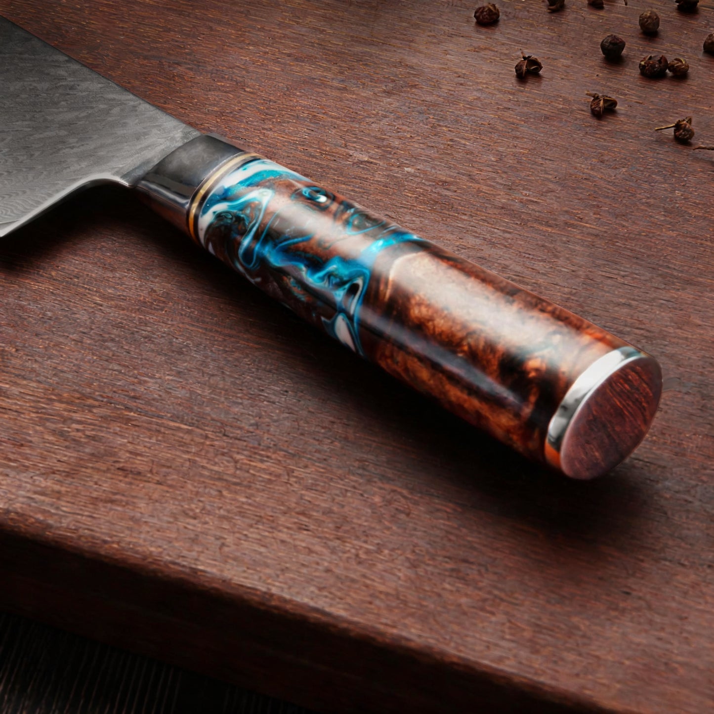 SZAKÁCSKÉS SZETT – DAMASCUS VG10 – 3 Darabos – Blue & Brown Edition – Kompozit Juharfa Markolat