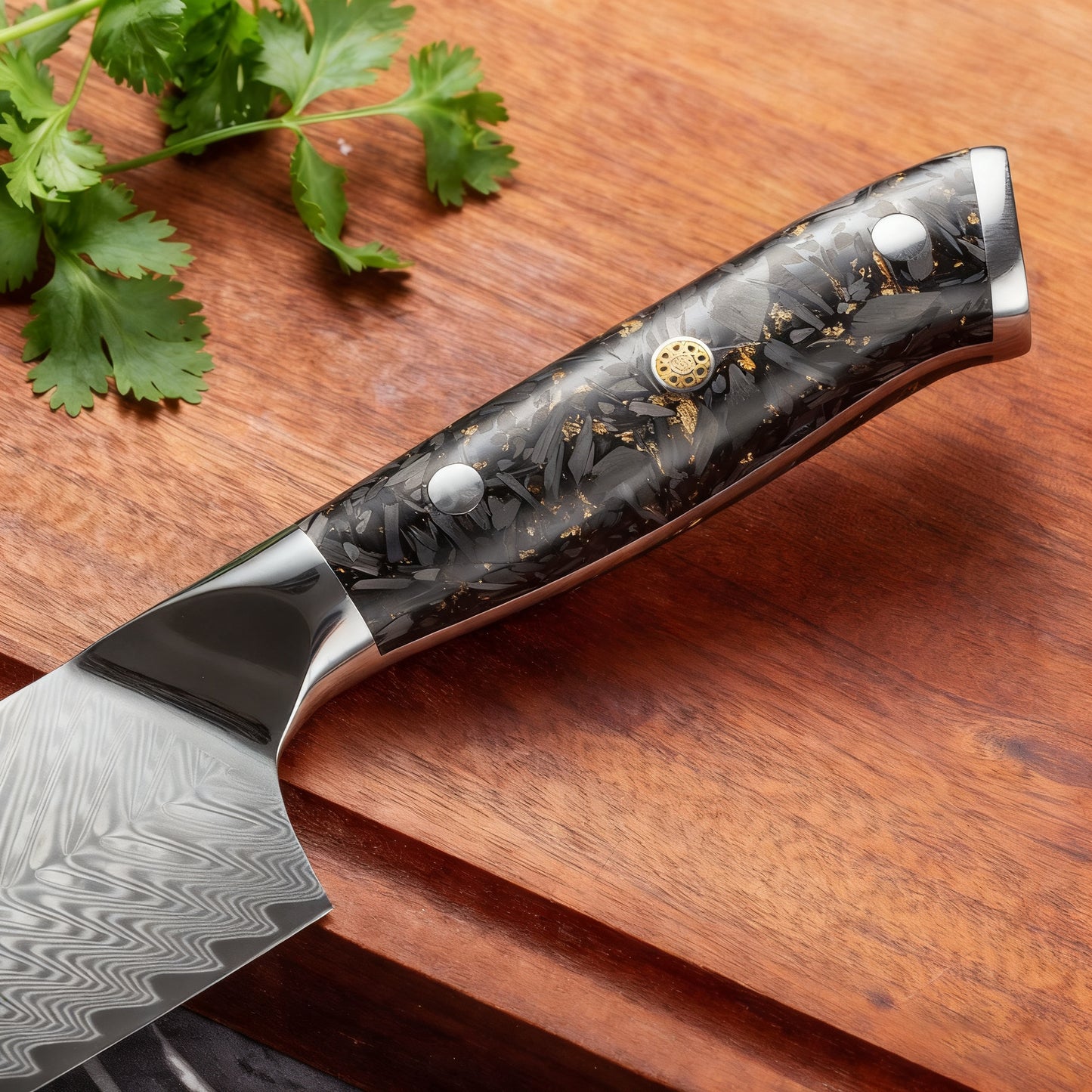 SZAKÁCSKÉS – Damascus VG10 SANTOKU – Gold Edition – Fekete Arany Markolat