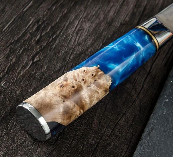 SZAKÁCSKÉS SZETT – DAMASCUS VG10 – 9 Darabos – Light Blue & Beige Edition – Kompozit Juharfa Markolat
