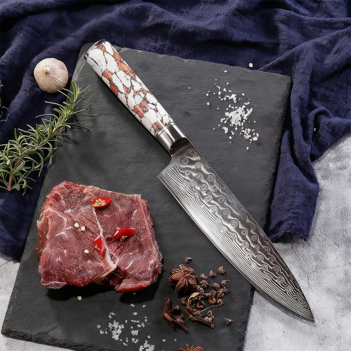 SZAKÁCSKÉS – Damascus VG10 GYUTO – Arctic Edition – Tűzkő Márvány Markolat