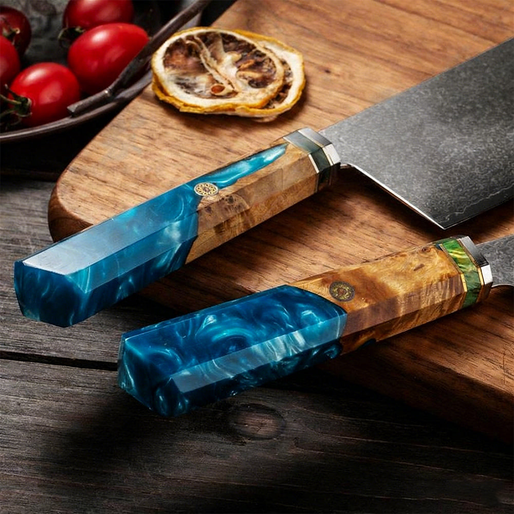 SZAKÁCSKÉS - Damascus VG10 KIRITSUKE - Blue Maple Burl - Kézműves Gyanta Markolat