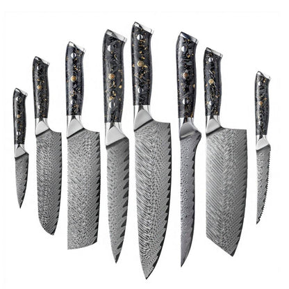 SZAKÁCSKÉS SZETT – DAMASCUS VG10 – 8 Darabos – Gold Edition – Fekete Arany Markolat
