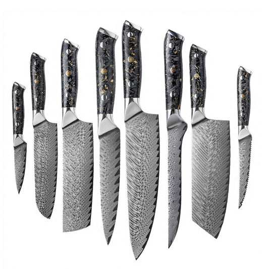 SZAKÁCSKÉS SZETT – DAMASCUS VG10 – 8 Darabos – Gold Edition – Fekete Arany Markolat