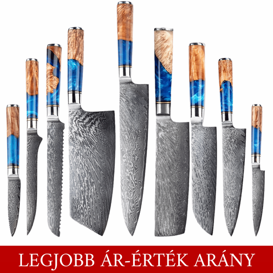 SZAKÁCSKÉS SZETT – DAMASCUS VG10 – 9 Darabos – Light Blue & Beige Edition – Kompozit Juharfa Markolat