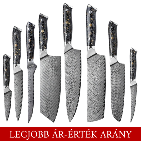 SZAKÁCSKÉS SZETT – DAMASCUS VG10 – 8 Darabos – Gold Edition – Fekete Arany Markolat