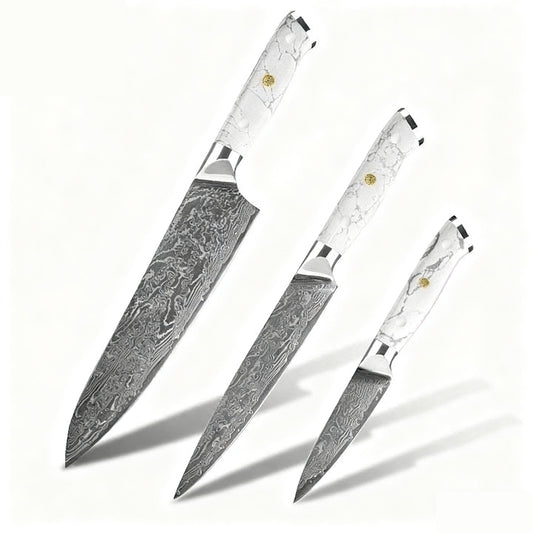 DAMASCUS CHEF SET – 3 Darabos – Kuro Edition – Fehér Gyanta Markolat