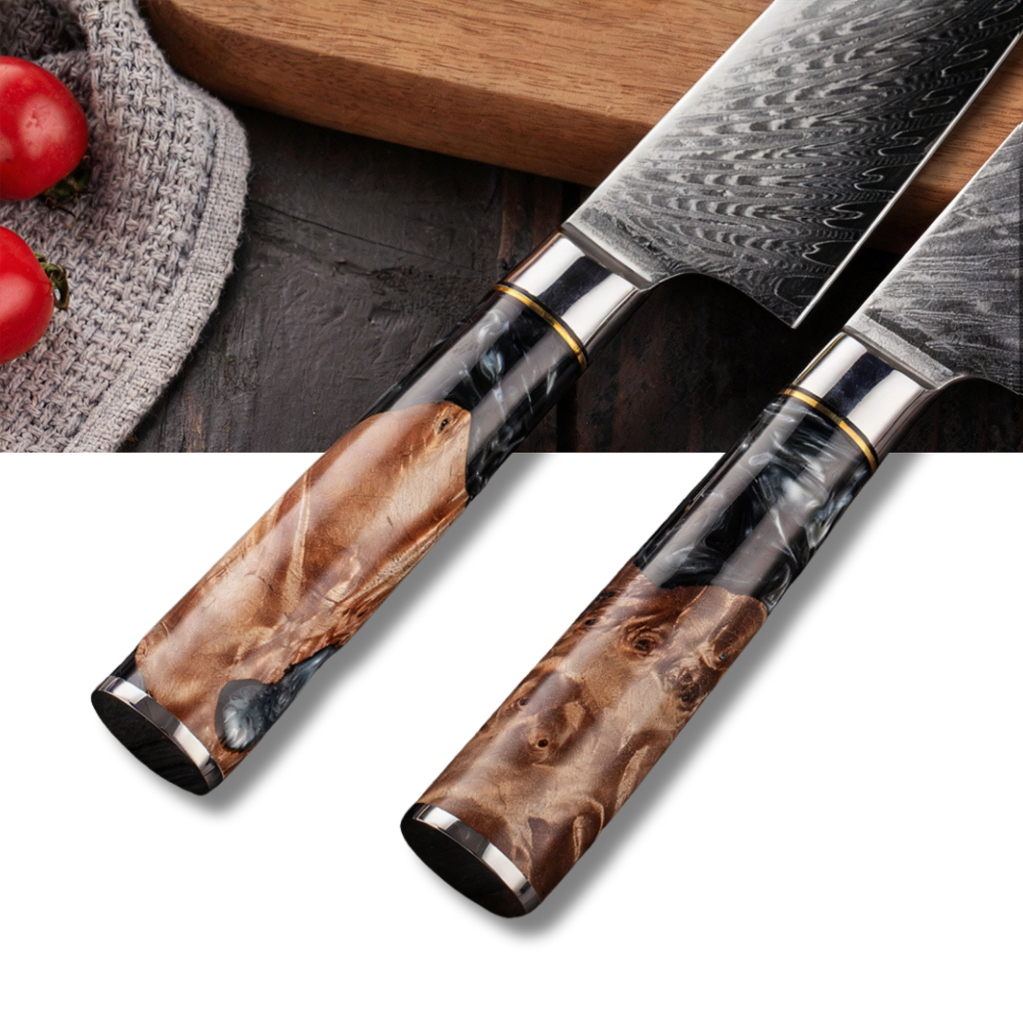 SZAKÁCSKÉS – Damascus VG10 SANTOKU – Blue & Beige Edition – Kompozit Juharfa Markolat