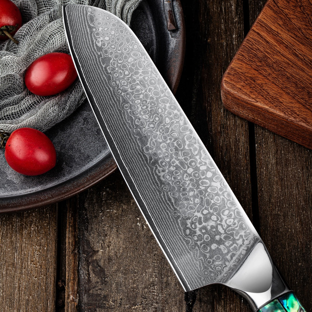SZAKÁCSKÉS – Damascus VG10 SANTOKU - Abyss Edition – Gyöngyház Kagyló Markolat