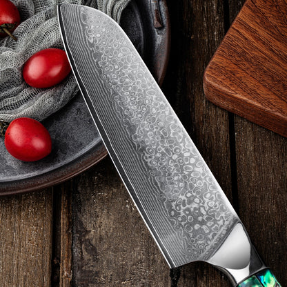SZAKÁCSKÉS – Damascus VG10 SANTOKU - Abyss Edition – Gyöngyház Kagyló Markolat