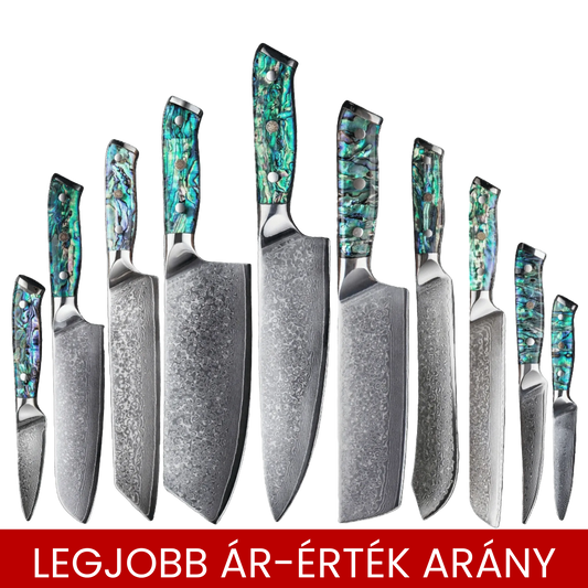 SZAKÁCSKÉS SZETT - Damascus VG10 - 10 Darabos - Abyss Edition - Gyöngyház Kagyló Markolat