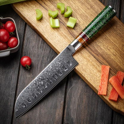 SZAKÁCSKÉS – Damascus VG10 SANTOKU – Aurora Edition – Akrilgyanta Markolat
