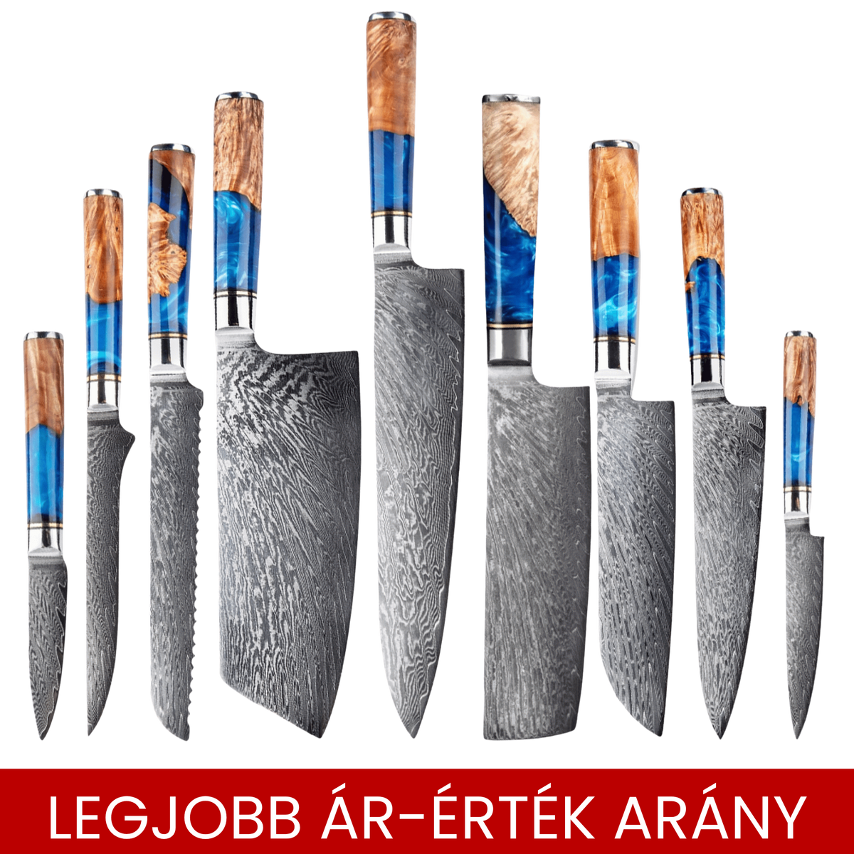 SZAKÁCSKÉS SZETT - Damascus VG10 - 9 Darabos – Blue & Beige Edition – Kompozit Juharfa Markolat