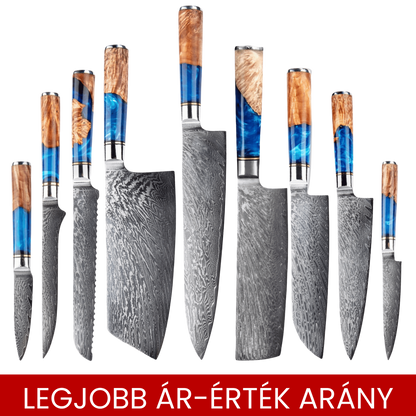 SZAKÁCSKÉS SZETT - Damascus VG10 - 9 Darabos – Blue & Beige Edition – Kompozit Juharfa Markolat