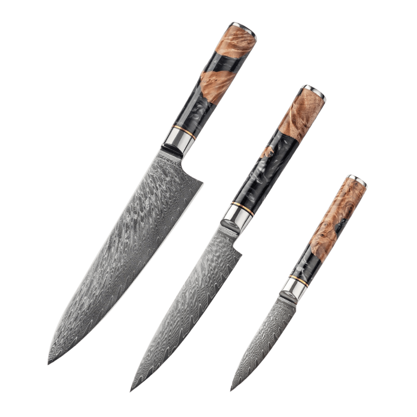 SZAKÁCSKÉS SZETT – DAMASCUS VG10 – 3 Darabos – Blue & Beige Edition – Kompozit Juharfa Markolat