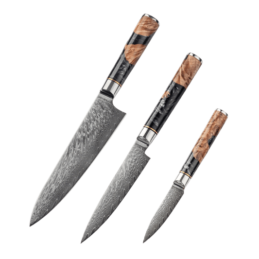 SZAKÁCSKÉS SZETT – DAMASCUS VG10 – 3 Darabos – Blue & Beige Edition – Kompozit Juharfa Markolat