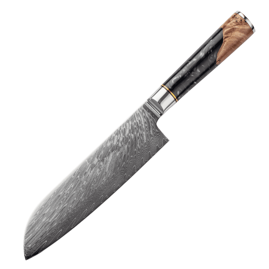 SZAKÁCSKÉS – Damascus VG10 SANTOKU – Blue & Beige Edition – Kompozit Juharfa Markolat