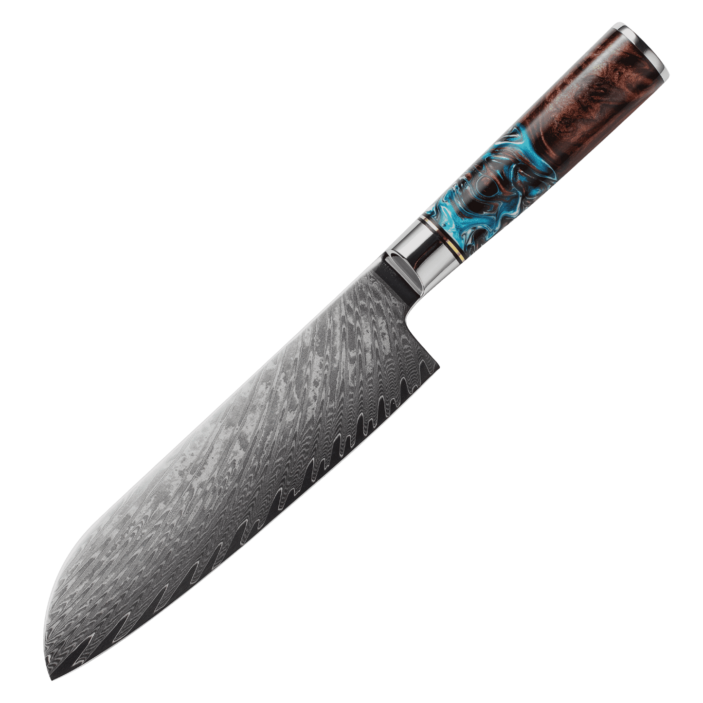 SZAKÁCSKÉS – Damascus VG10 SANTOKU – Blue & Brown Edition – Kompozit Juharfa Markolat