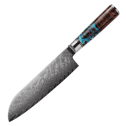 SZAKÁCSKÉS – Damascus VG10 SANTOKU – Blue & Brown Edition – Kompozit Juharfa Markolat