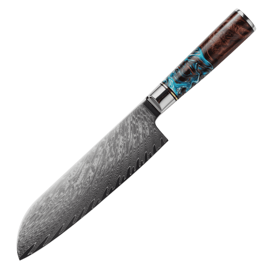 SZAKÁCSKÉS – Damascus VG10 SANTOKU – Blue & Brown Edition – Kompozit Juharfa Markolat