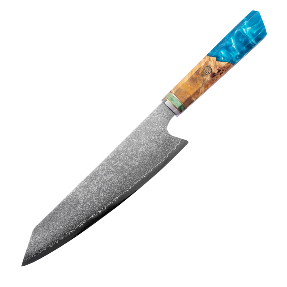 SZAKÁCSKÉS - Damascus VG10 KIRITSUKE - Blue Maple Burl - Kézműves Gyanta Markolat