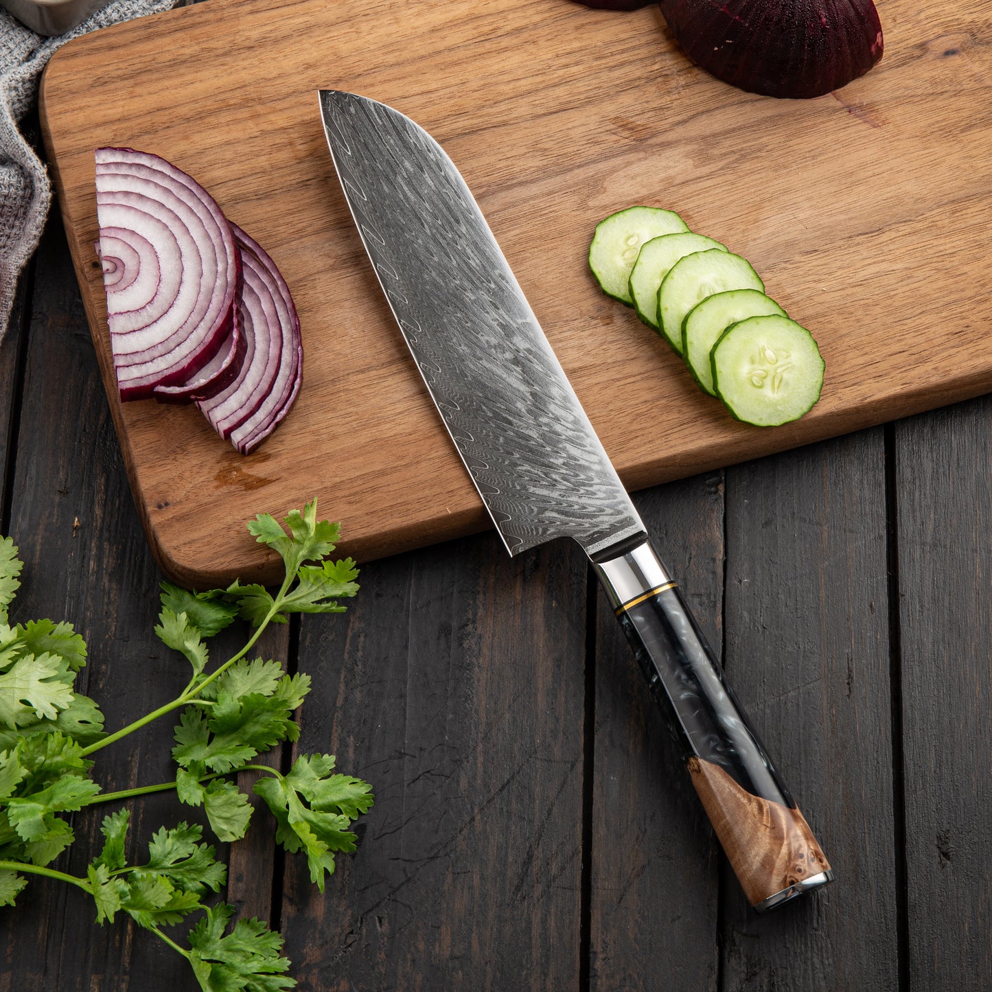 SZAKÁCSKÉS – Damascus VG10 SANTOKU – Blue & Beige Edition – Kompozit Juharfa Markolat