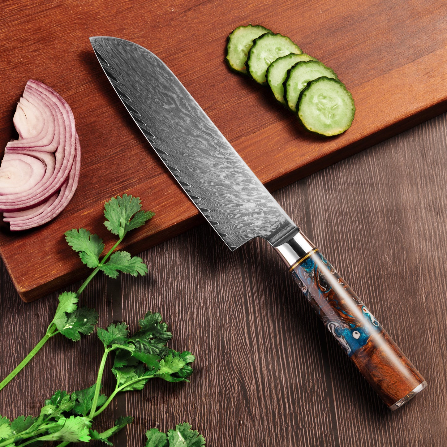 SZAKÁCSKÉS – Damascus VG10 SANTOKU – Blue & Brown Edition – Kompozit Juharfa Markolat