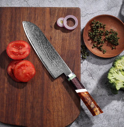 SZAKÁCSKÉS – Damascus VG10 SANTOKU – Brown Mesh Edition – Kompozit Juharfa Markolat