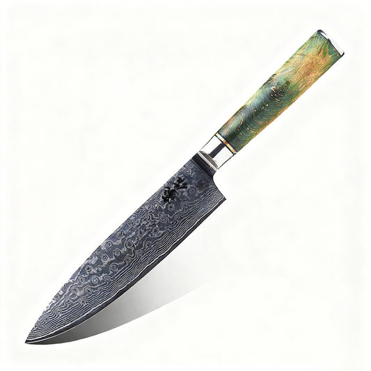 GYUTO – Damascus VG10 – Emerald Flame Maple – Zöld Juhar Markolat – 200 mm