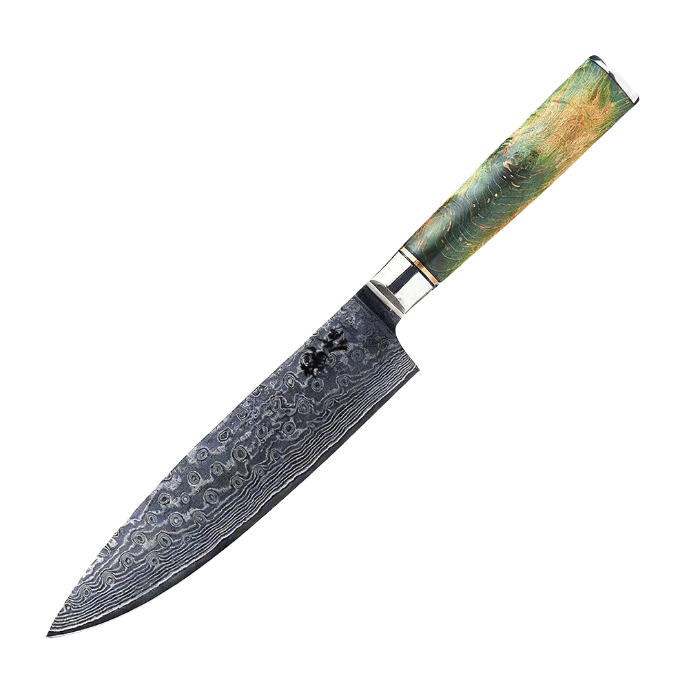 SZAKÁCSKÉS – Damascus VG10 GYUTO – Emerald Flame Maple – Zöld Juhar Markolat