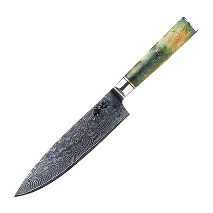 SZAKÁCSKÉS – Damascus VG10 GYUTO – Emerald Flame Maple – Zöld Juhar Markolat