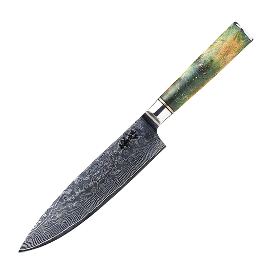 SZAKÁCSKÉS – Damascus VG10 GYUTO – Emerald Flame Maple – Zöld Juhar Markolat