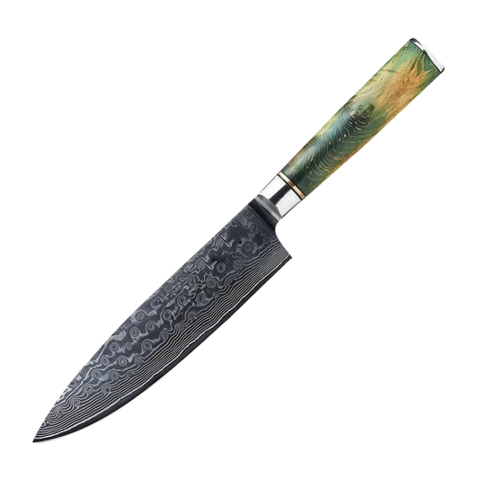 SZAKÁCSKÉS – Damascus VG10 GYUTO – Emerald Flame Maple – Zöld Juhar Markolat