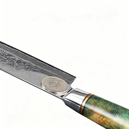 GYUTO – Damascus VG10 – Emerald Flame Maple – Zöld Juhar Markolat – 200 mm