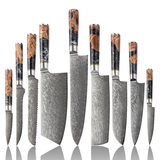 DAMASCUS CHEF SET – 9 Darabos – Blue & Beige Edition – Kompozit Juharfa Markolat