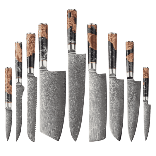 SZAKÁCSKÉS SZETT – DAMASCUS VG10 – 9 Darabos – Blue & Beige Edition – Kompozit Juharfa Markolat