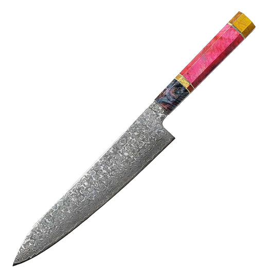 GYUTO – Damascus VG10 – Pink Burl Edition – Színezett Juharfa Markolat -240 mm