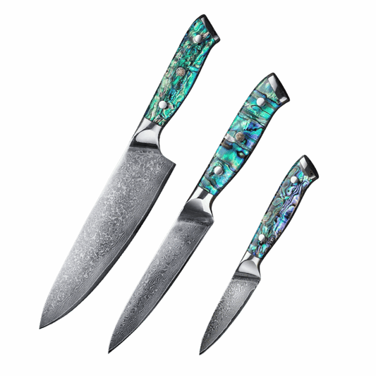 SZAKÁCSKÉS SZETT – DAMASCUS VG10 – 3 Darabos – Abyss Edition – Gyöngyház Kagyló Markolat
