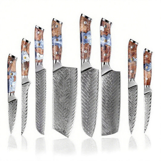 DAMASCUS CHEF SET – 8 Darabos – Light Blue & Light Brown Edition – Kompozit Juharfa Markolat