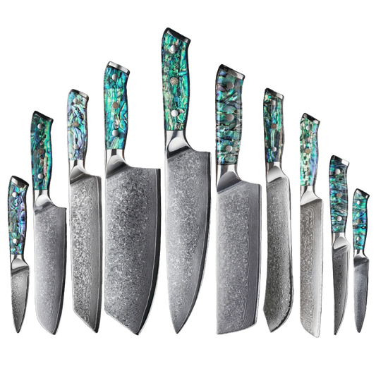 SZAKÁCSKÉS SZETT – DAMASCUS VG10 – 10 Darabos – Abyss Edition – Gyöngyház Kagyló Markolat