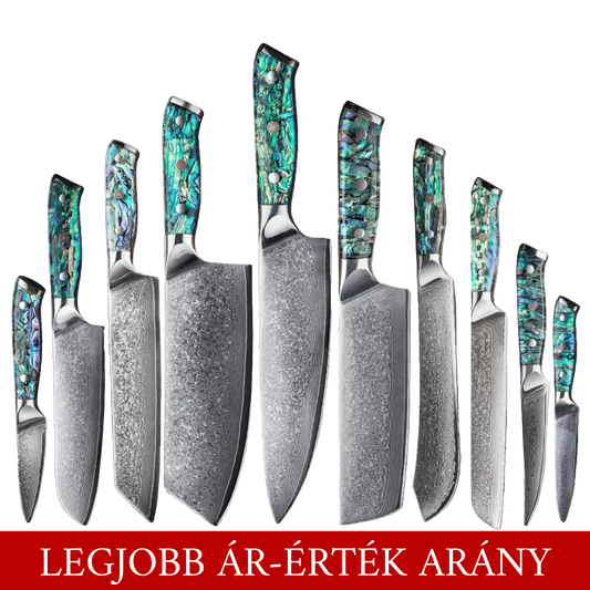SZAKÁCSKÉS SZETT – DAMASCUS VG10 – 10 Darabos – Abyss Edition – Gyöngyház Kagyló Markolat