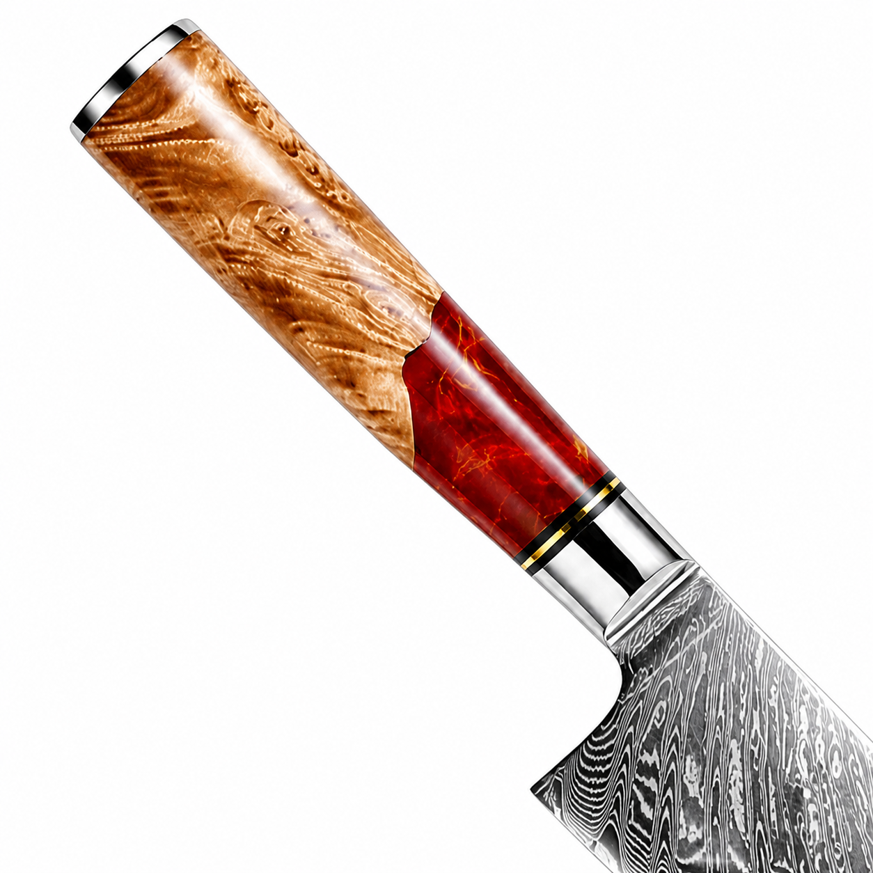 SZAKÁCSKÉS – Damascus VG10 SANTOKU – Red & Beige Edition – Kompozit Juharfa Markolat