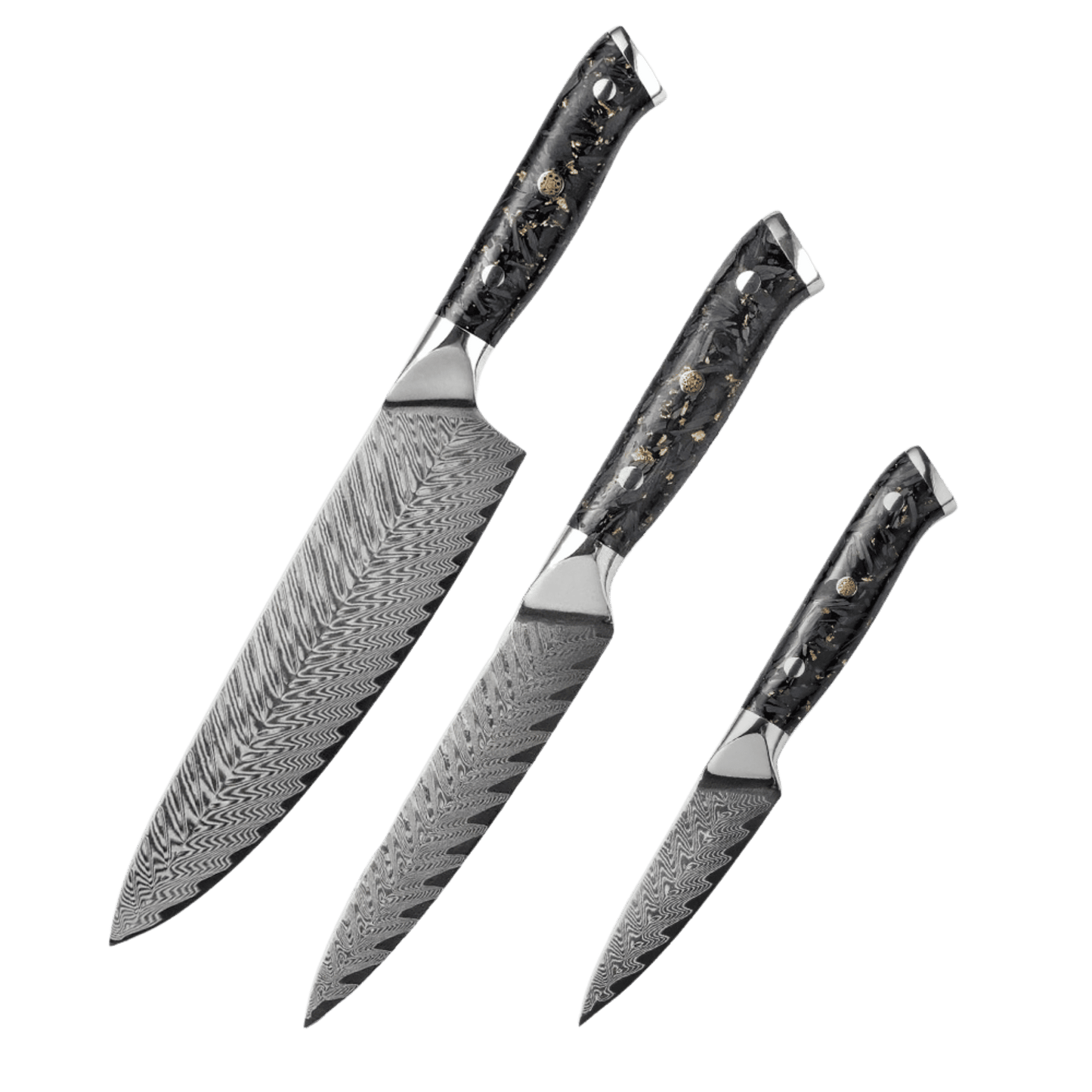 SZAKÁCSKÉS SZETT – DAMASCUS VG10 – 3 Darabos – Gold Edition – Fekete Arany Markolat