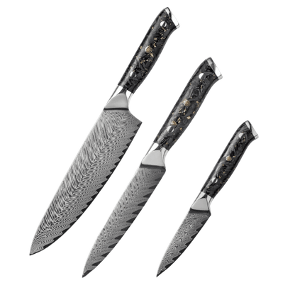 SZAKÁCSKÉS SZETT – DAMASCUS VG10 – 3 Darabos – Gold Edition – Fekete Arany Markolat