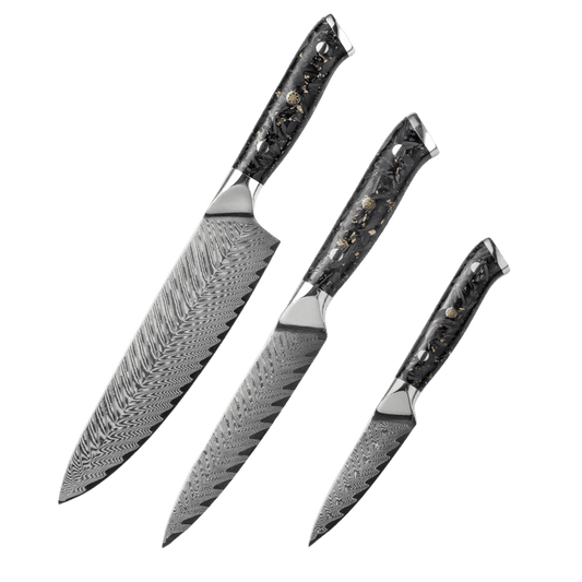 SZAKÁCSKÉS SZETT – DAMASCUS VG10 – 3 Darabos – Gold Edition – Fekete Arany Markolat