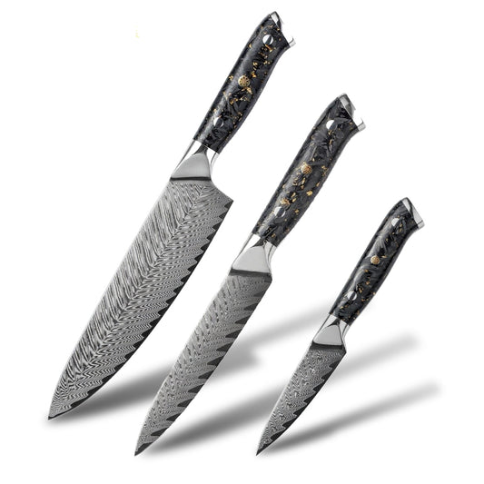 DAMASCUS CHEF SET – 3 Darabos – Gold Edition – Fekete Arany Markolat