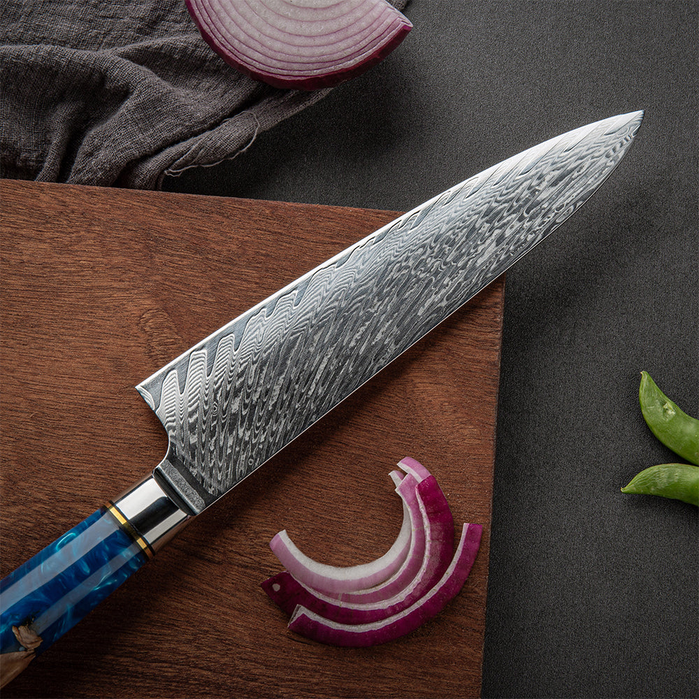 GYUTO – Damascus VG10 – Light Blue & Beige Edition – Kompozit Juharfa Markolat – 200 mm