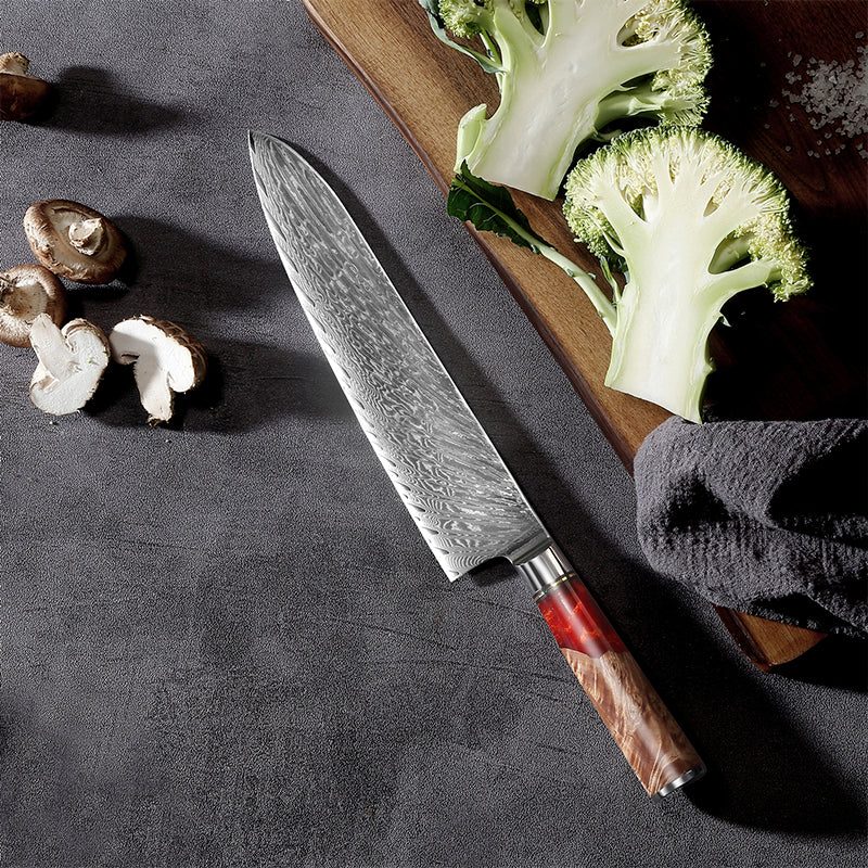 GYUTO – Damascus VG10 – Red & Beige Edition – Kompozit Juharfa Markolat – 200 mm